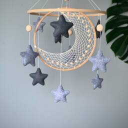 Moon & Star Crib Mobile, Macrame Baby Nuetral Space Star Handing Mobile Felt, Nursery - thumbnail 3