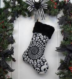 Handmade Infinity Skulls Christmas Stocking, Black & White, Faux Fur Cuff - thumbnail 1