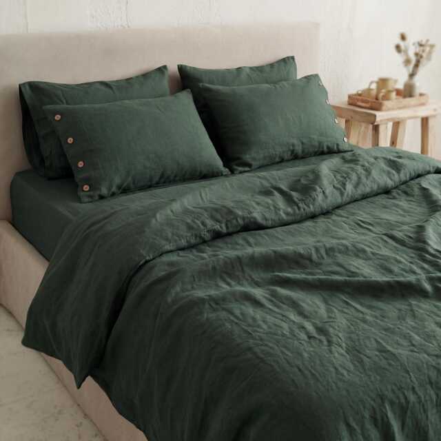 Forest Green Linen Pillowcases With Coconut Buttons, Set Of 2, Handmade Pillow Case Sets - image 1