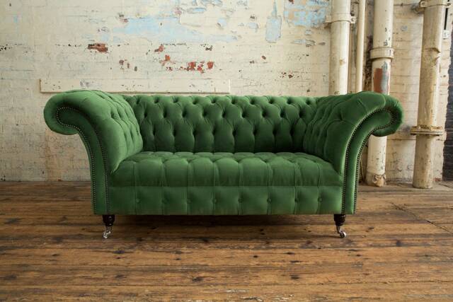 2 Seater Forest Green Velvet Fabric Chesterfield Sofa, British Handmade - image 1