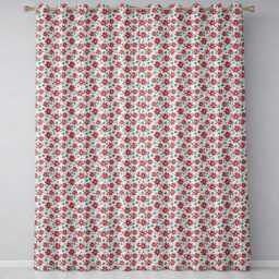 Red Folk Floral Pattern Cream Background Scandinavian Style Readymade Eyelet Ring Top Thermal 100% Blackout Curtains - thumbnail 2