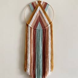 Yarn Hoop Wall Hanging Mustard, Pink & Light Blue Boho Decor - thumbnail 2