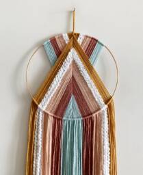Yarn Hoop Wall Hanging Mustard, Pink & Light Blue Boho Decor - thumbnail 1