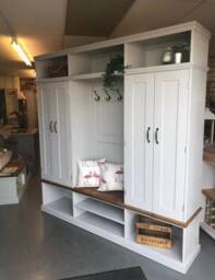 Handmade Sustainable Redwood Boot Room Bench Storage Cupboard, Farrow Ball Painted Furniture
