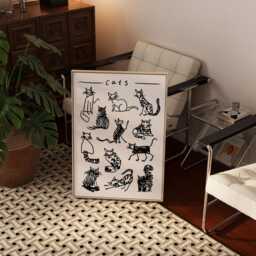 Cat Black & White Art Print/Animal Wall Drawing Lover Gift - thumbnail 3