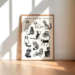 Cat Black & White Art Print/Animal Wall Drawing Lover Gift - thumbnail 1