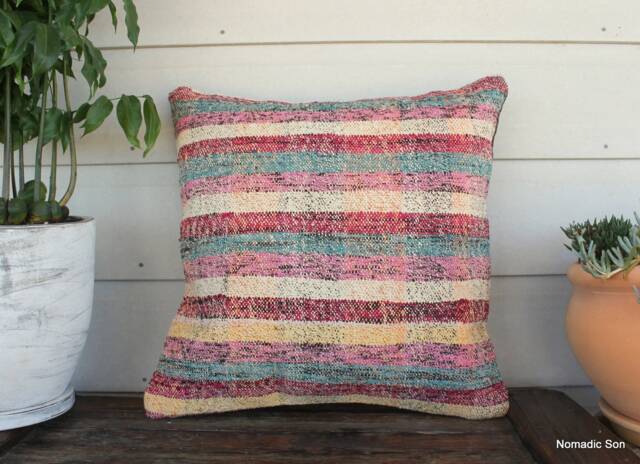 50cm Vintage Kilim Cushion Cover Handwoven - Goat Hair/Wool/Linen Striped Multicoloured Pink Purple - image 1