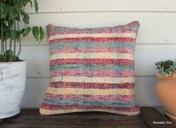 50cm Vintage Kilim Cushion Cover Handwoven - Goat Hair/Wool/Linen Striped Multicoloured Pink Purple