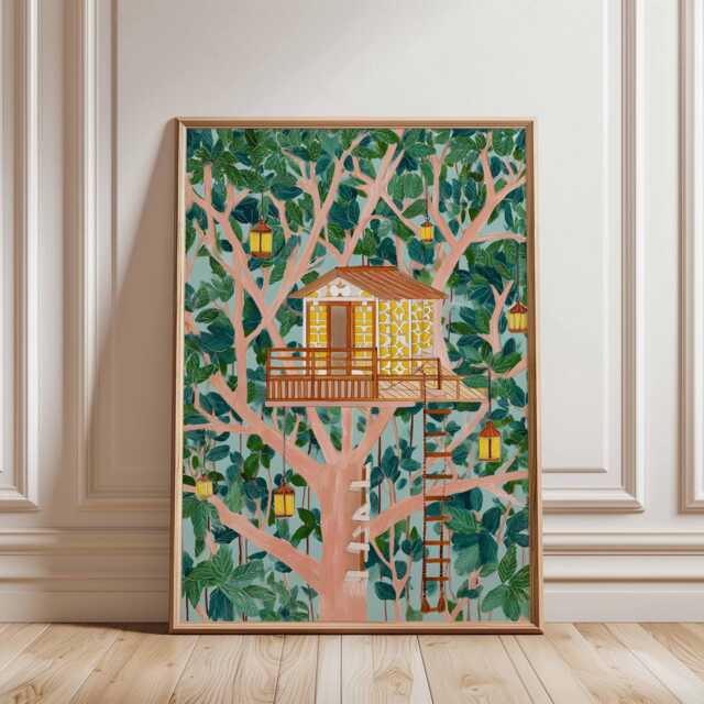 Tree House Poster, Forest Wall Art Print, Adventure Decor, Kids Room Gift, Nature Print - image 1