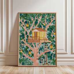 Tree House Poster, Forest Wall Art Print, Adventure Decor, Kids Room Gift, Nature Print - thumbnail 1