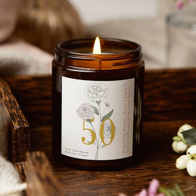 50Th Birthday Gift Floral Soy Candle, Personalised Apothecary Jar - image 1