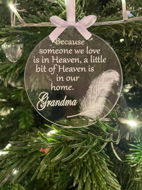 Memorial Bauble, Feather Bauble, Personalised Remembrance Christmas Decoration, Acrylic Engraved Wooden Bauble - image 1