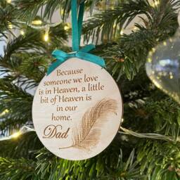 Memorial Bauble, Feather Bauble, Personalised Remembrance Christmas Decoration, Acrylic Engraved Wooden Bauble - thumbnail 2
