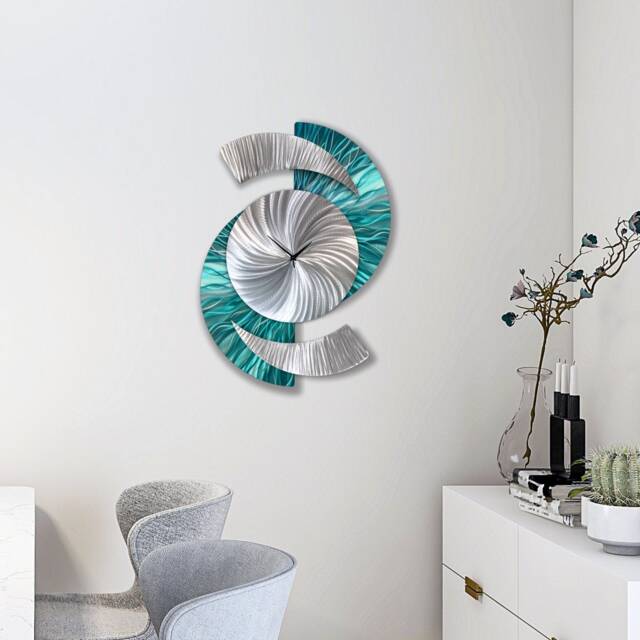 Teal Wall Clock Modern Metal Abstract Sculpture, 18x24