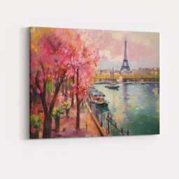 Pink Cherry Blossom Paris Riverside Eiffel Tower Impressionist Landscape Canvas Wall Art Print Decor Picture Ready To Hang - thumbnail 1