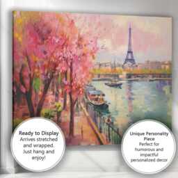 Pink Cherry Blossom Paris Riverside Eiffel Tower Impressionist Landscape Canvas Wall Art Print Decor Picture Ready To Hang - thumbnail 3