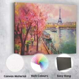 Pink Cherry Blossom Paris Riverside Eiffel Tower Impressionist Landscape Canvas Wall Art Print Decor Picture Ready To Hang - thumbnail 2