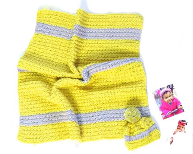 Crochet Baby Blanket, Hat Set, Newborn, Yellow & Gray Shower Gift , Color Is Royal - image 1