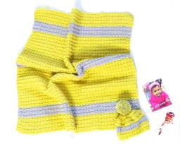 Crochet Baby Blanket, Hat Set, Newborn, Yellow & Gray Shower Gift , Color Is Royal - thumbnail 1