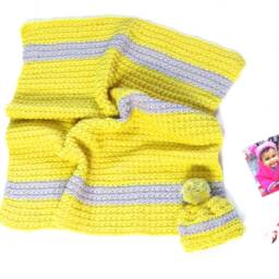 Crochet Baby Blanket, Hat Set, Newborn, Yellow & Gray Shower Gift , Color Is Royal - thumbnail 3