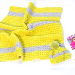 Crochet Baby Blanket, Hat Set, Newborn, Yellow & Gray Shower Gift , Color Is Royal - thumbnail 2