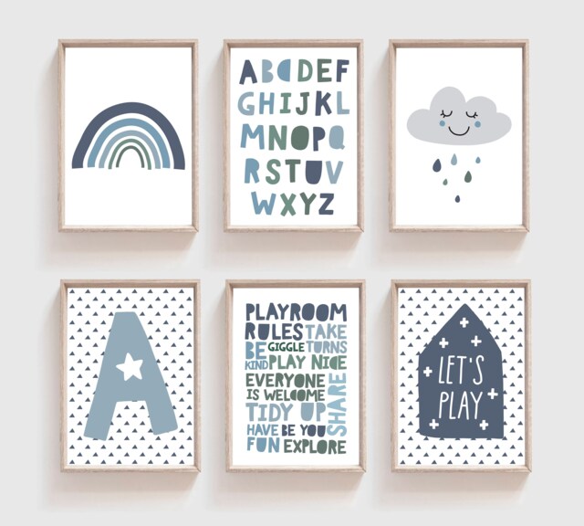 6 Boys Nursery Prints, Wall Art, Muted Green & Blue, Bedroom Playroom Decor - image 1