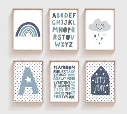 6 Boys Nursery Prints, Wall Art, Muted Green & Blue, Bedroom Playroom Decor - thumbnail 1