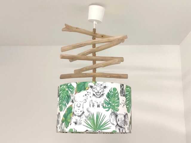 Driftwood Chandelier Safari Pendant Light For Baby's Room - Jungle Lighting Children Giraffe, Elephant, & Tiger Lamp Handmade Nature Decor - image 1