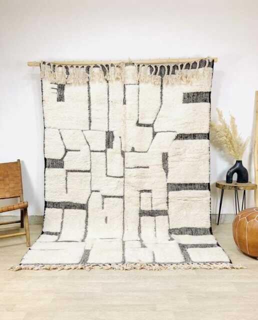 Black White Grid Rug - Large Area Handmade Berber Shag Monochrome Minimalist Decor Custom Checkered Wool Carpet - image 1