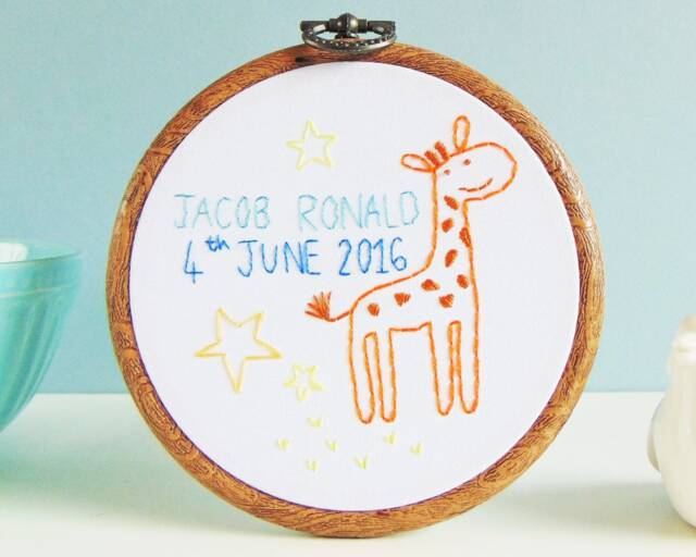 Giraffe Baby Gift, New Arrival Christening Nursery Wall Art, Baptism Embroidery Hoop Art - image 1