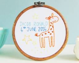 Giraffe Baby Gift, New Arrival Christening Nursery Wall Art, Baptism Embroidery Hoop Art - thumbnail 1