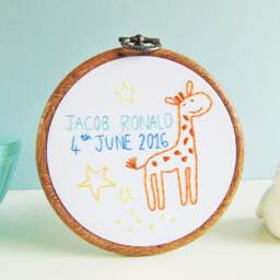 Giraffe Baby Gift, New Arrival Christening Nursery Wall Art, Baptism Embroidery Hoop Art - thumbnail 3