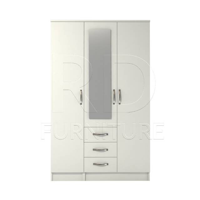 White Wardobe, Triple Wardrobe Ready Assembled Classic 3 Door Drawer Combi Mirrored - image 1