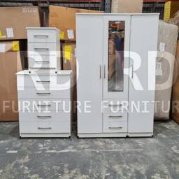 White Wardobe, Triple Wardrobe Ready Assembled Classic 3 Door Drawer Combi Mirrored - thumbnail 2