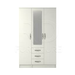 White Wardobe, Triple Wardrobe Ready Assembled Classic 3 Door Drawer Combi Mirrored - thumbnail 1