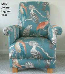 Aviary Garden Fabric Adult Chair Armchair Birds Mccaws Parrots Parakeets Tropical Jungle Safari Accent Lagoon Teal Green Navy Nursery Lounge