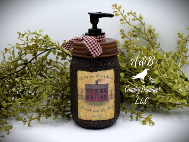 Mason Jar Hand Soap Dispenser, Red Salt Box House, Grubby Pump & Folk Art Print, Country Farmhouse Bathroom Dispenser - image 1