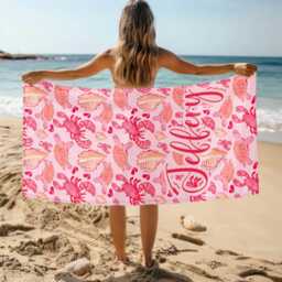Personalized Name Crab Lobster Shell Beach Towel, Child Custom Monogram Pool Towel For Kids, Vacation Gift, Picnic - thumbnail 3
