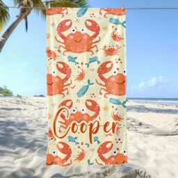 Personalized Name Crab Lobster Shell Beach Towel, Child Custom Monogram Pool Towel For Kids, Vacation Gift, Picnic - thumbnail 2