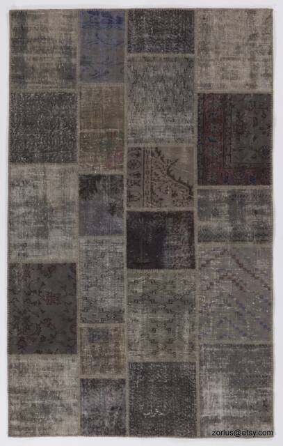Handmade Turkish Patchwork Rug Blue & Gray Wool - 5x8 Feet - image 1