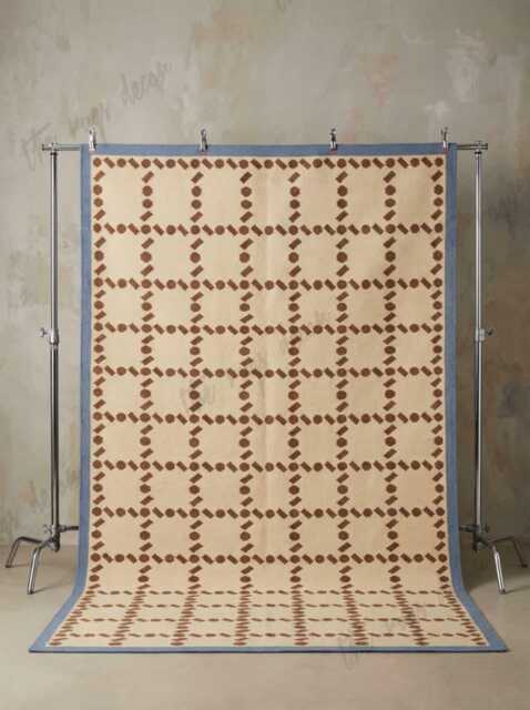 Hand Woven Flatweave Wool Rug Beige Living Room With Brown Dotted Lattice Pattern Soft Blue Border For Bedroom Dining Office - image 1