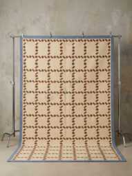Hand Woven Flatweave Wool Rug Beige Living Room With Brown Dotted Lattice Pattern Soft Blue Border For Bedroom Dining Office - thumbnail 1