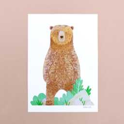 standing Bear Risograph Print - A3 Larger Size Animal Illustration, Brown Art Print, Woodland Nursery Wall - thumbnail 2