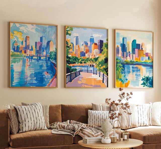 Minneapolis Minnesota Poster Set Of 3 City Travel Wall Art Usa Skyline Mississippi River Prints, Vintage Minimalist Style - image 1