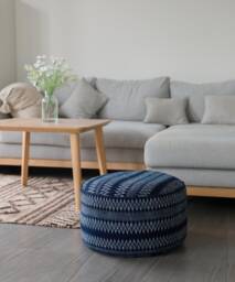 Indigo Batik Hmong Hill Tribe Ottoman Pouf, Round Floor Pillow