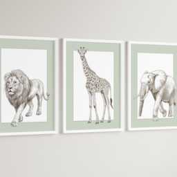 Safari Elephant Giraffe Lion Animal Baby Girls Boys A4 Or A3 Nursery Unframed Personalised Prints Unisex Neutral Boho Beige Green Jungle - thumbnail 3