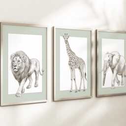 Safari Elephant Giraffe Lion Animal Baby Girls Boys A4 Or A3 Nursery Unframed Personalised Prints Unisex Neutral Boho Beige Green Jungle - thumbnail 2