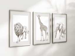 Safari Elephant Giraffe Lion Animal Baby Girls Boys A4 Or A3 Nursery Unframed Personalised Prints Unisex Neutral Boho Beige Green Jungle - thumbnail 1