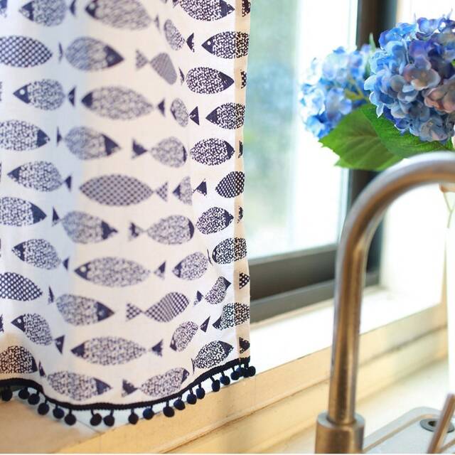 Scandinavian Fish Pom Linen Cafe Curtain Window Valance/Bedroom Treatment/Kids Nursery Child Playroom Curtain/Shower Curtain-Gift - image 1