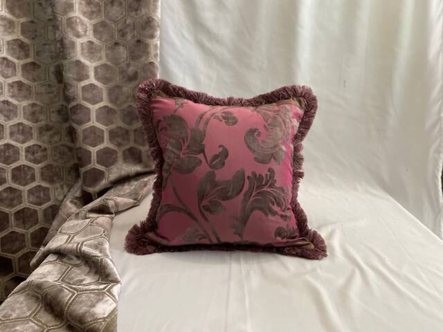 "Designers Guild Purple Pillow Cover Flocked Faux Silk With Brush Fringe - 20""x 20" - image 1
